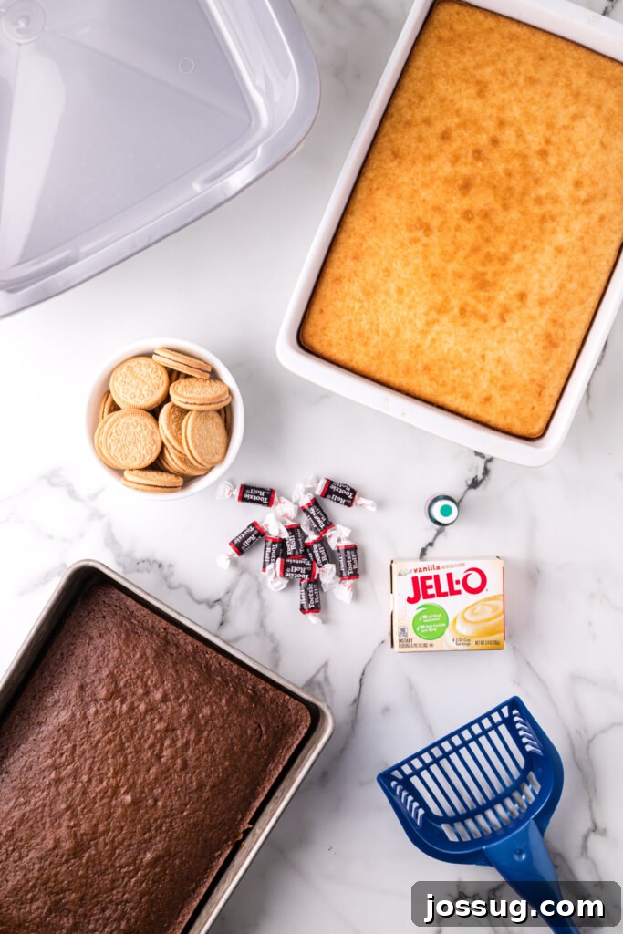 Feline Faux Paws Cake 3 All the essential ingredients neatly laid out for preparing the Kitty Litter Cake