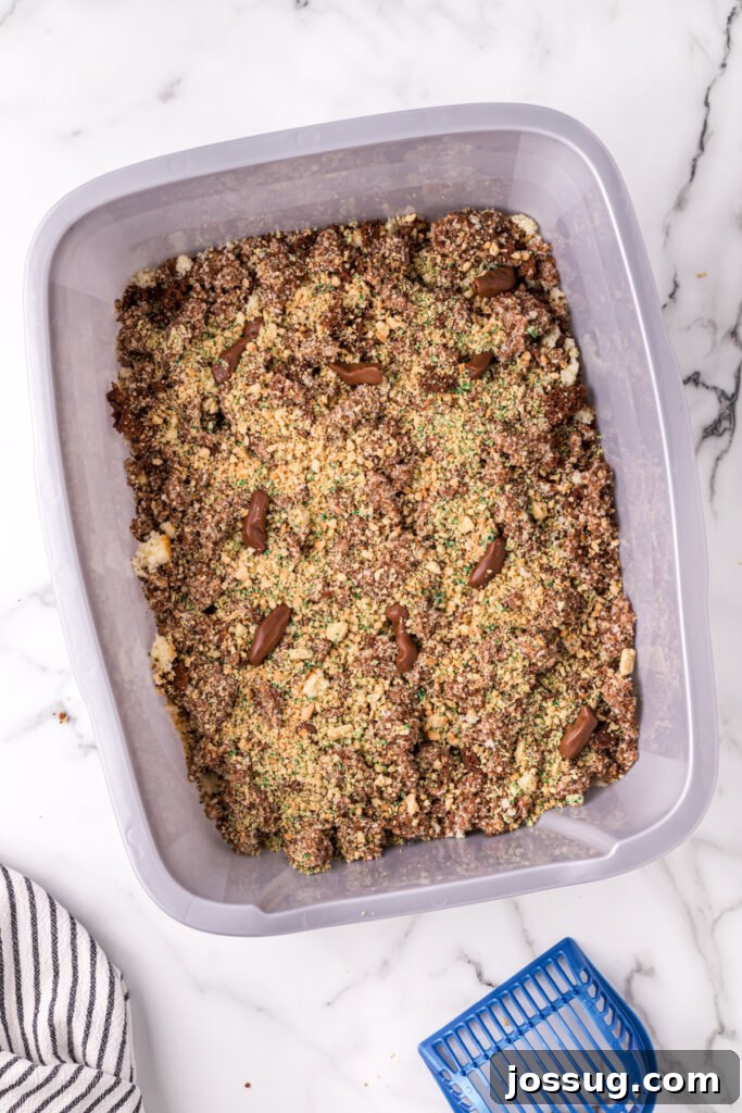 Feline Faux Paws Cake 4 The finished Kitty Litter Cake perfectly displayed in a clean, new litter box, ready to be served