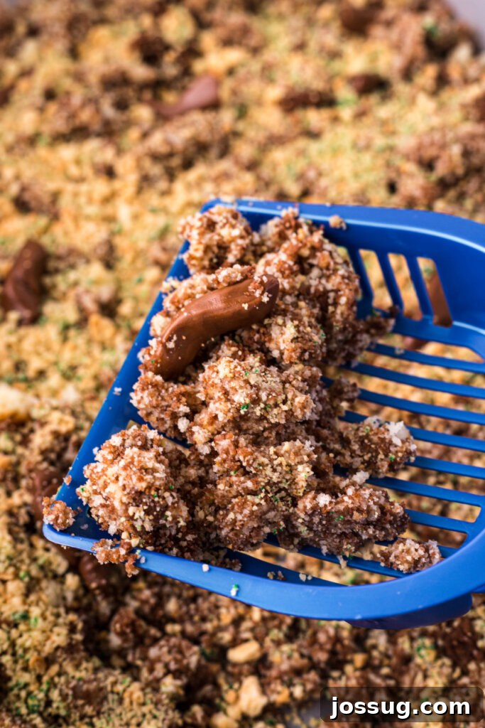 Feline Faux Paws Cake 5 Close-up of a cat litter scoop being used to scoop a serving of the Kitty Litter Cake