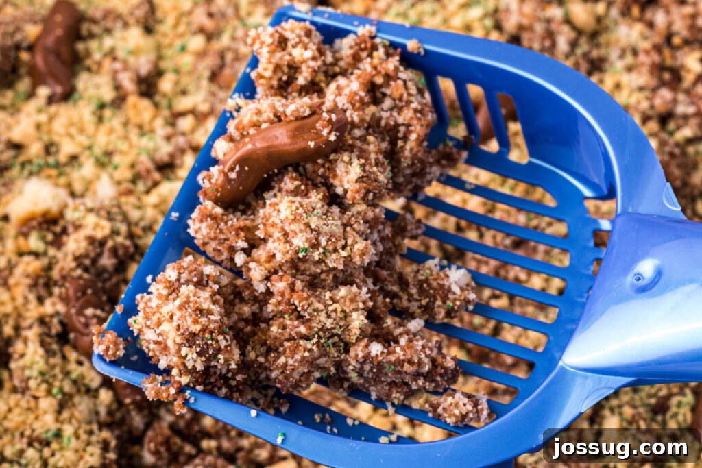 Feline Faux Paws Cake 6 A large scoop full of Kitty Litter Cake, showing its delicious layers