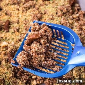 Scoop picking up pieces from Kitty Litter Cake