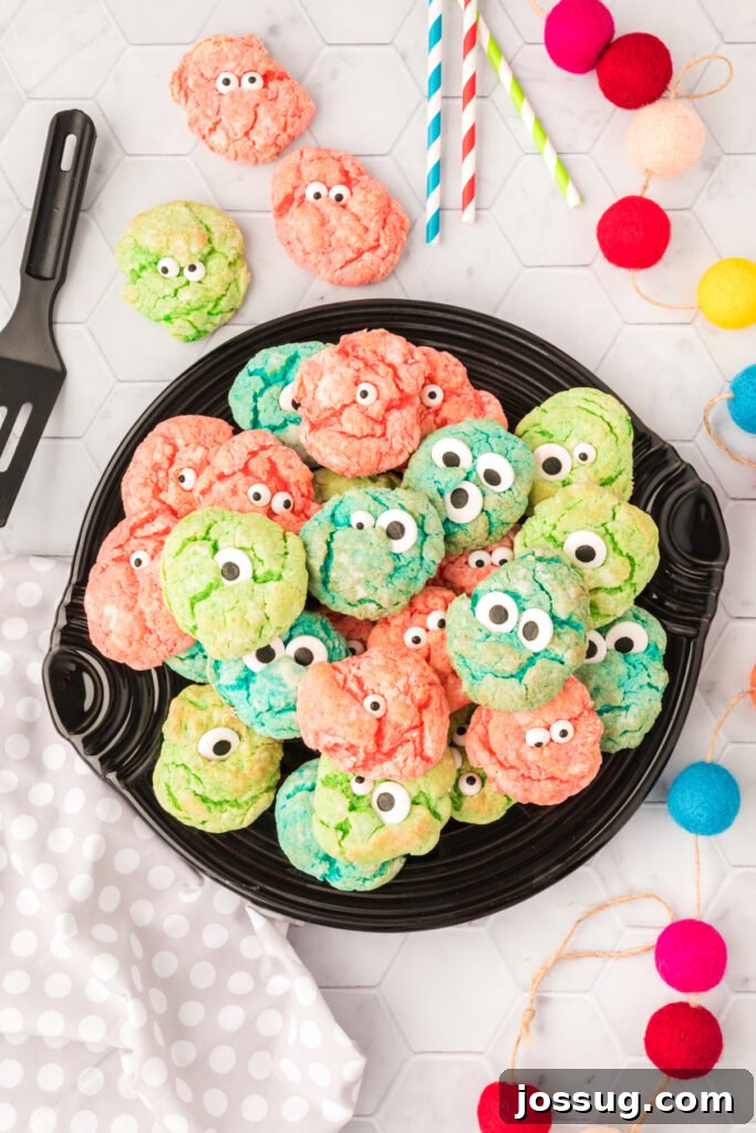 monster eye cookies on a black plate