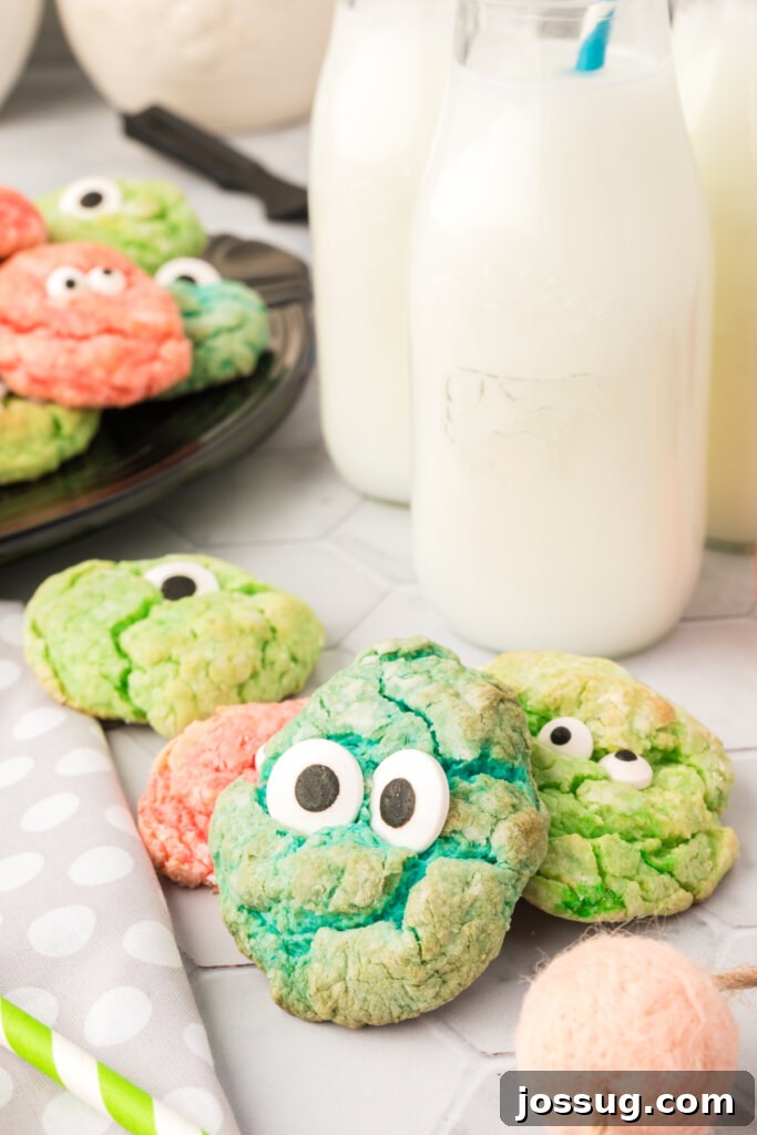 monster eye cookies next to milk bottles