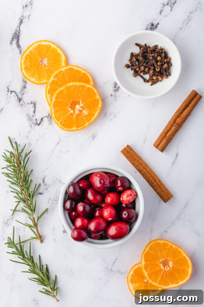 A collection of ingredients laid out for making stovetop potpourri, including cranberries, oranges, rosemary, cinnamon sticks, and cloves.