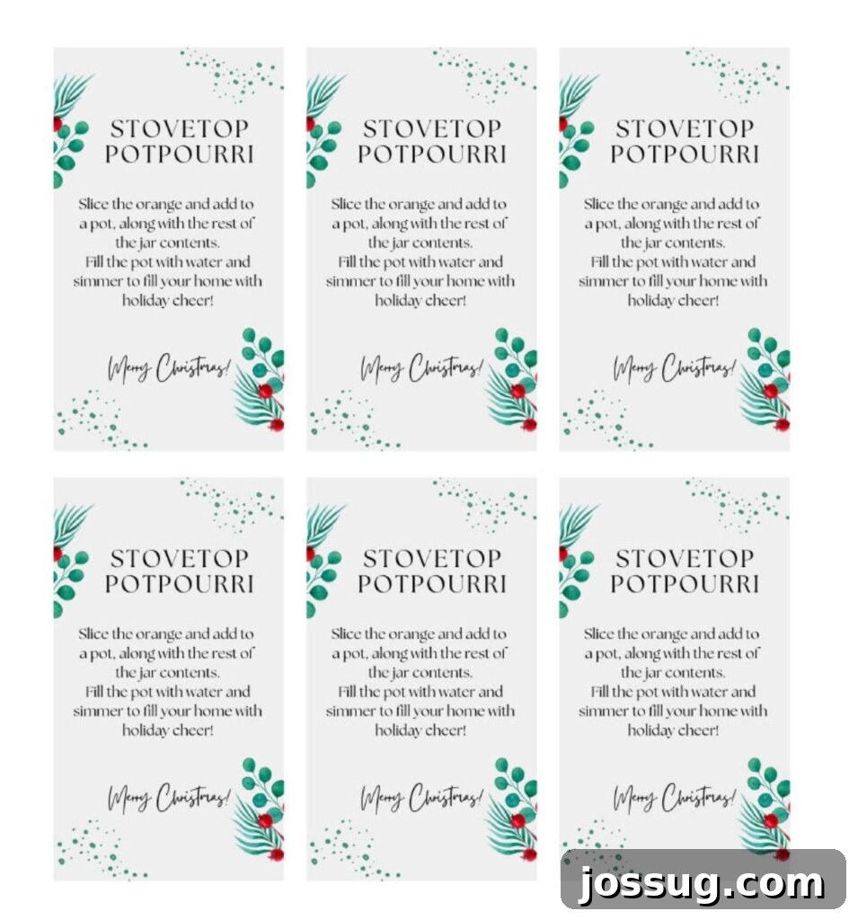 A printable gift tag for holiday potpourri, adorned with festive designs.