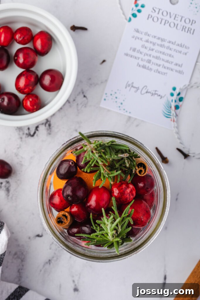A holiday stovetop potpourri carefully packed into a glass jar, tied with a ribbon and gift tag, presented as a gift.