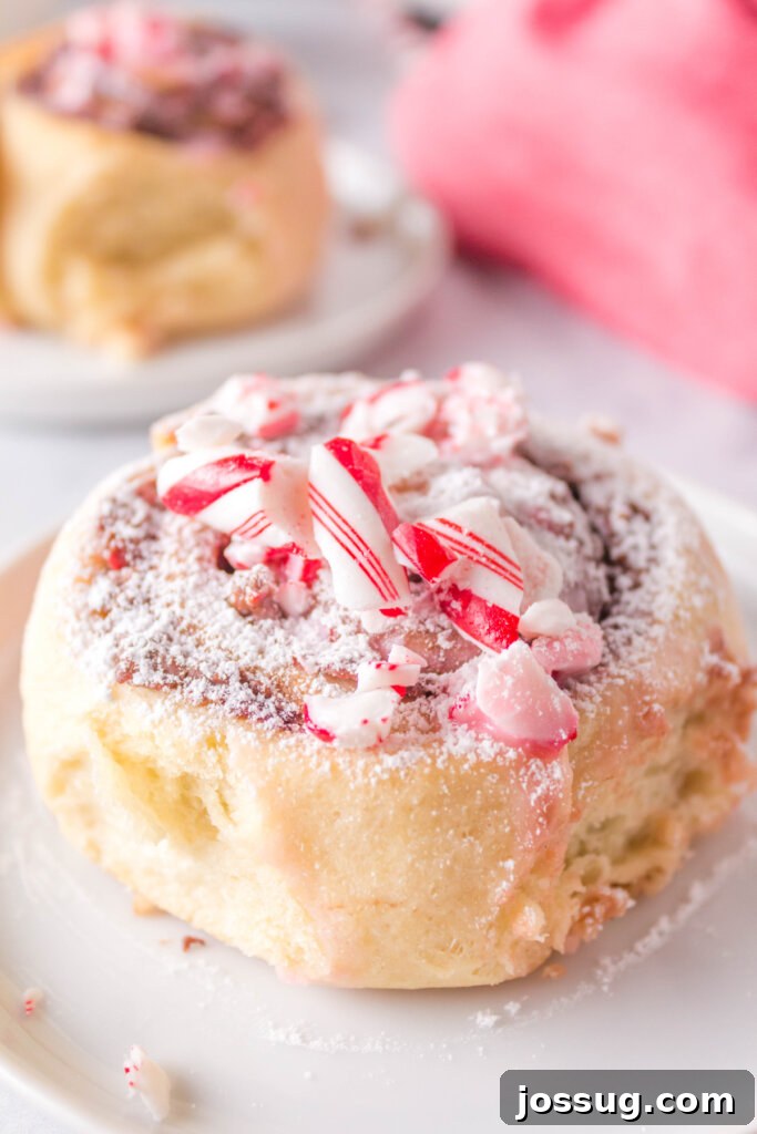Candy cane cinnamon roll with nutella on plate