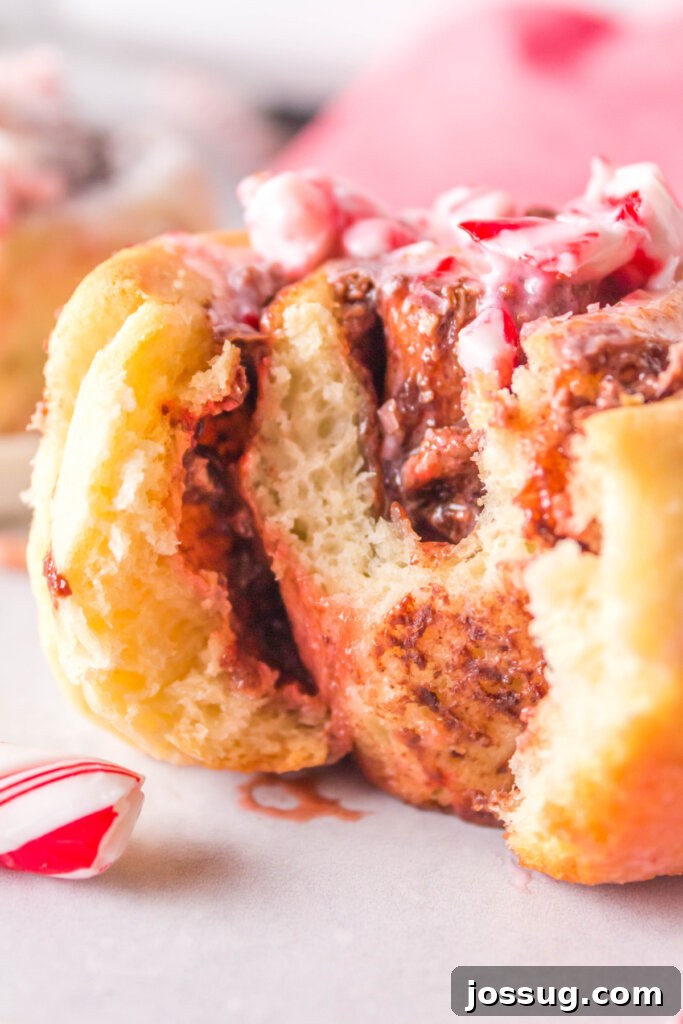 closeup of a candy cane cinnamon roll with a bite taken out showing the inside