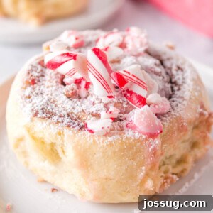 closeup of a candy cane cinnamon roll