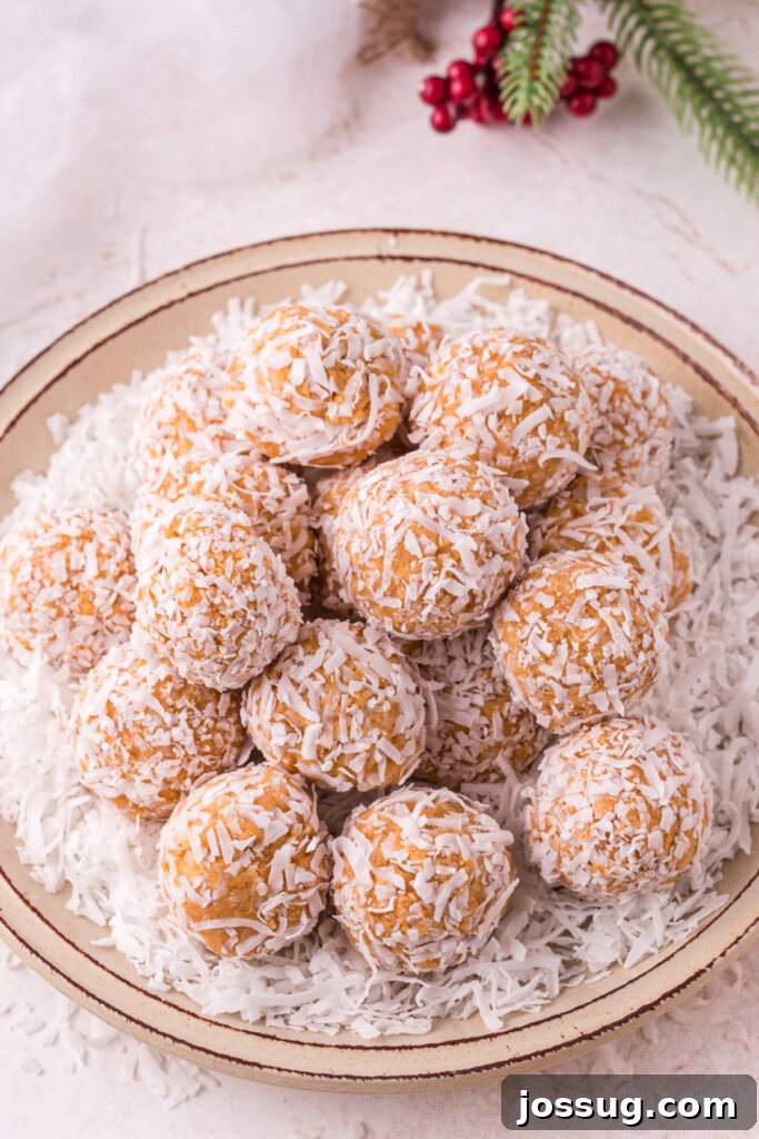 Coconut Bliss Bites 3 Close-up of several finished coconut snowballs stacked neatly on a white plate, ready to be served