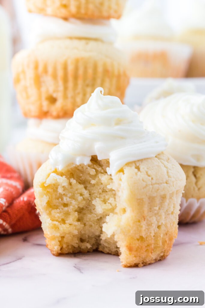 Festive Eggnog Cupcakes 2 A perfectly frosted eggnog cupcake with a gentle bite taken out, showcasing its moist, spiced interior, ready to bring holiday cheer.