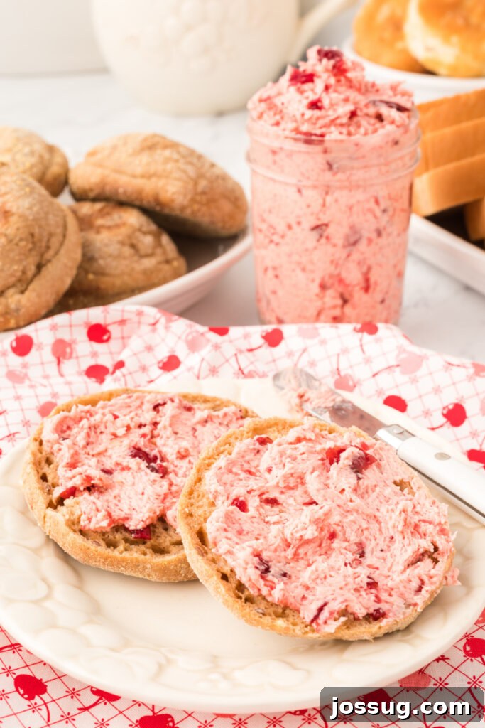 Crimson Cranberry Cloud Butter 5 A toasted English muffin topped with a generous spread of whipped cranberry butter, ready for breakfast.