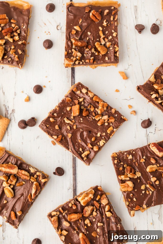 looking down onto squares of graham cracker toffee, perfectly uniform
