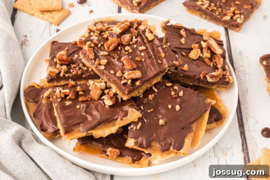 looking down onto a plate of finished graham cracker toffee, served beautifully