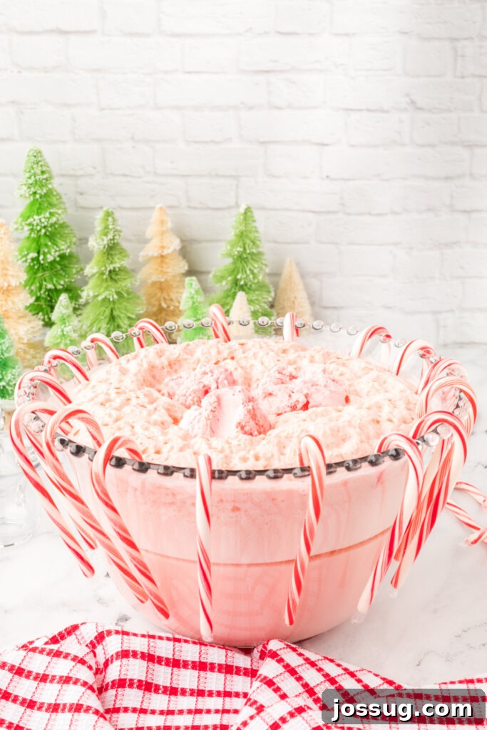 punch bowl filled with peppermint eggnog punch with candy canes arranged along the rim