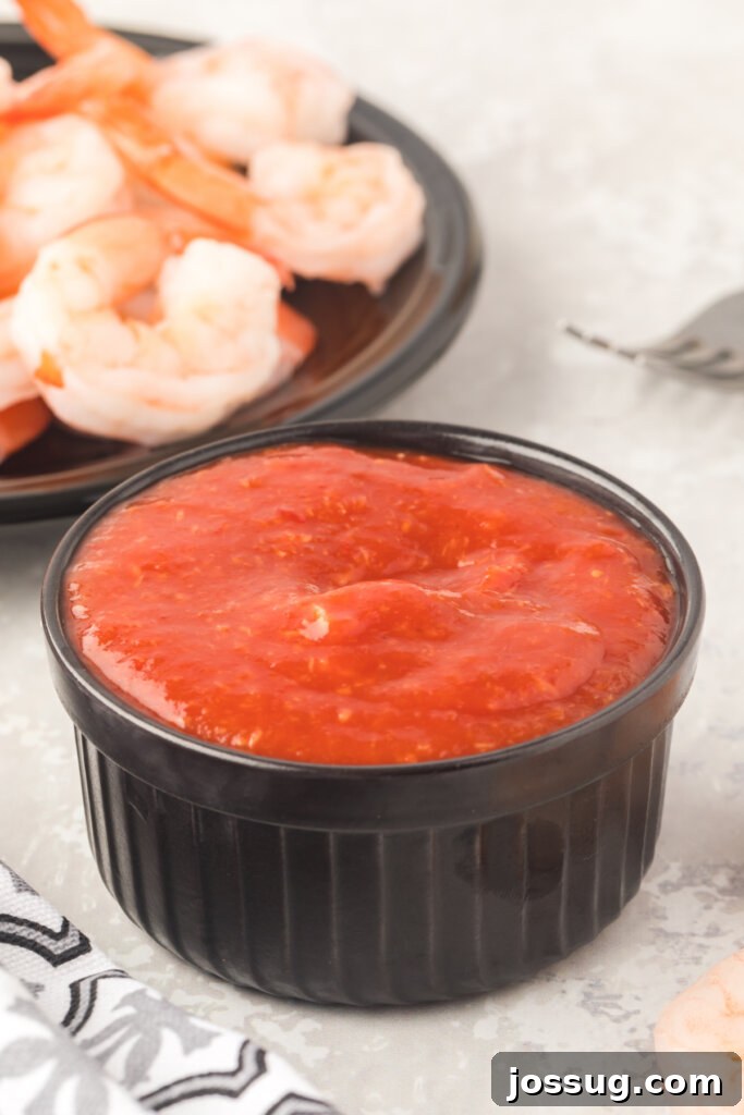 homemade shrimp cocktail sauce in black ramekin