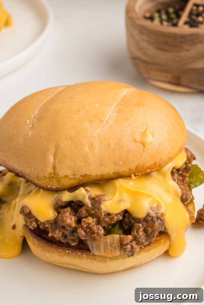 Philly Cheesesteak Sloppy Joe Twist 2 closeup of philly cheesesteak sloppy joe on plate