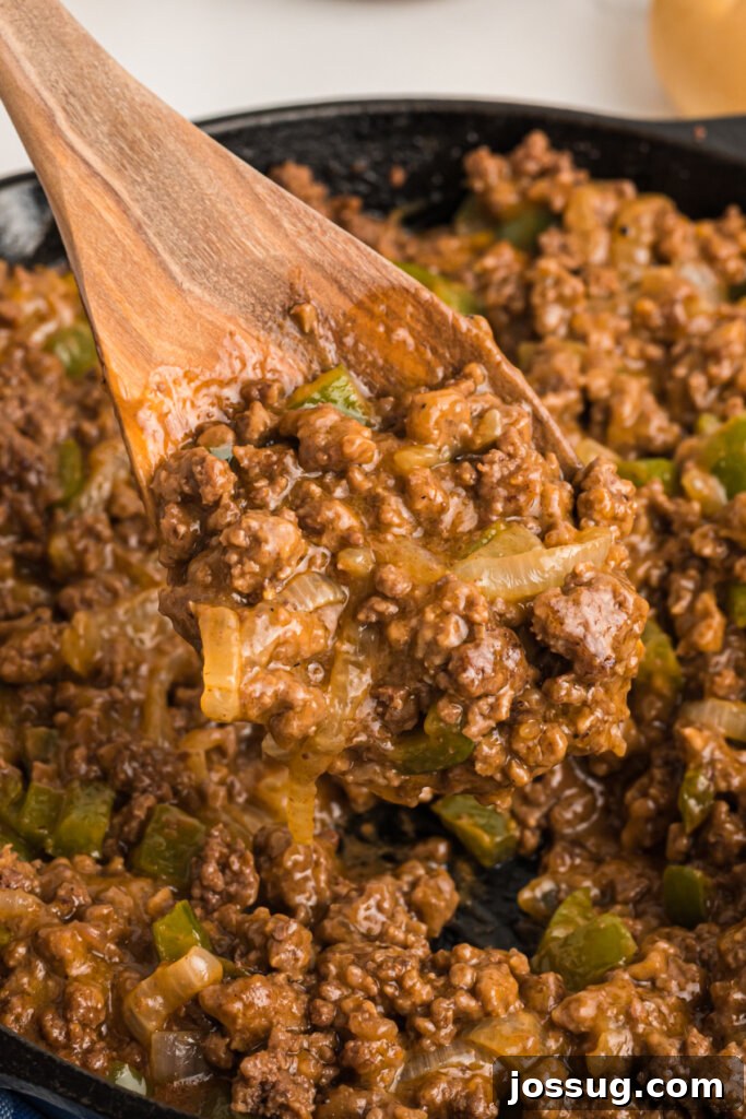 Philly Cheesesteak Sloppy Joe Twist 3 philly cheesesteak sloppy joe meat mixture in skillet