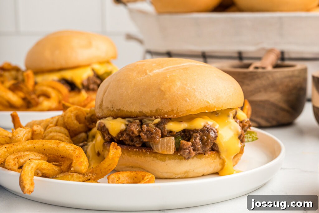 Philly Cheesesteak Sloppy Joe Twist 6 philly cheesesteak sloppy joe on plate with curly fries