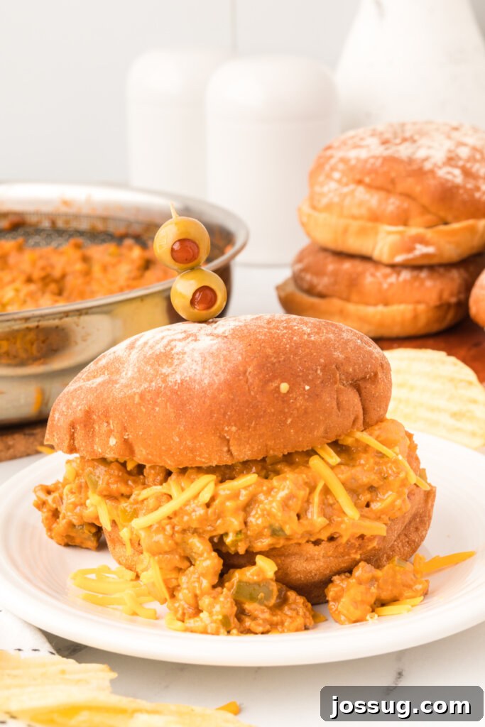 Golden Cheesy Sloppy Joes 2 A perfectly assembled cheesy sloppy joe sandwich on a plate, ready to be devoured, highlighting the rich, gooey cheese and savory meat.