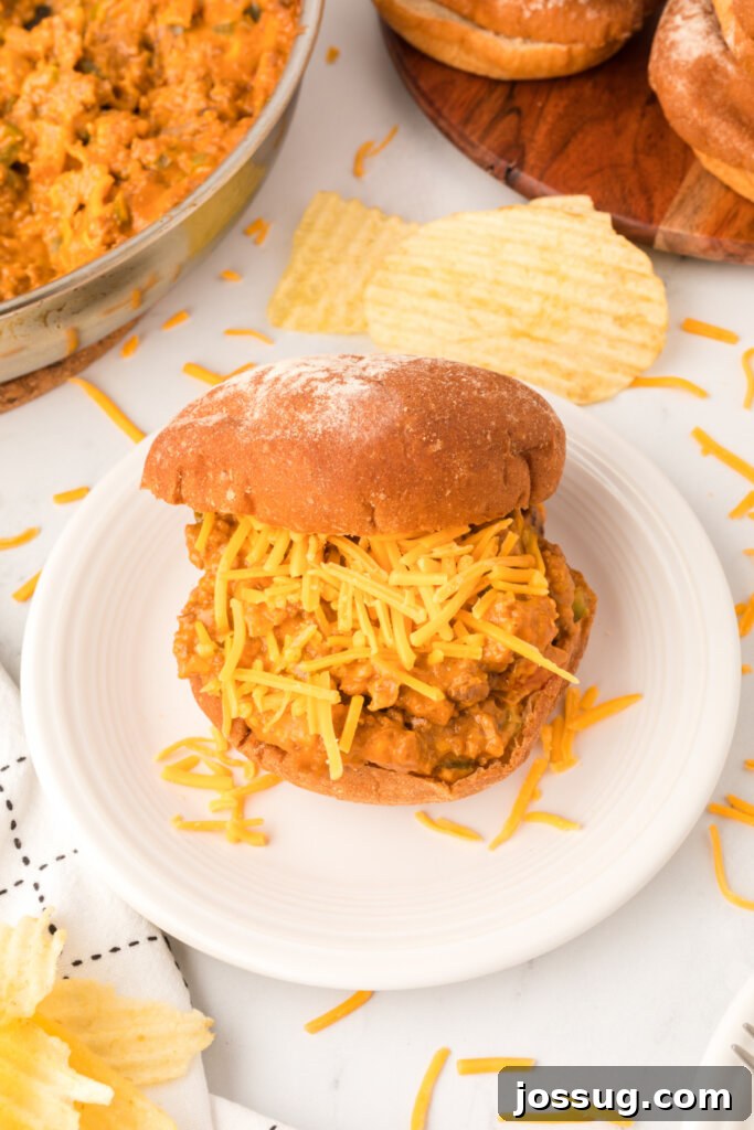 Golden Cheesy Sloppy Joes 4 A close-up overhead shot of a single cheesy sloppy joe on a white plate, showcasing the generous amount of melted cheese and rich meat mixture.