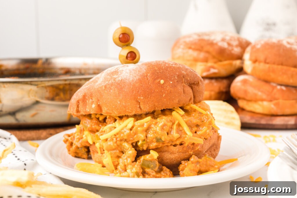 Golden Cheesy Sloppy Joes 6 A final presentation of a cheesy sloppy joe sandwich on a white plate, highlighting the delightful meld of cheese and meat.