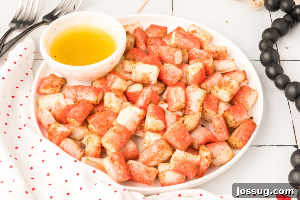 A vibrant platter of air fryer crab bites served with a bowl of dipping sauce and fresh lemon wedges.
