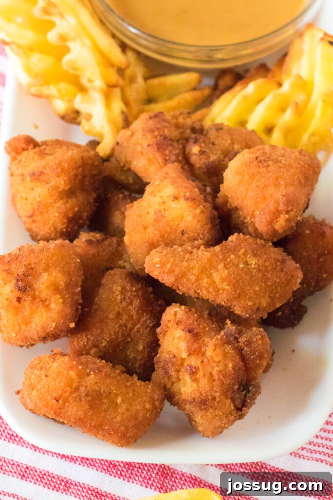 Copycat Chick-fil-A nuggets served on a plate with waffle fries, ready to be enjoyed.