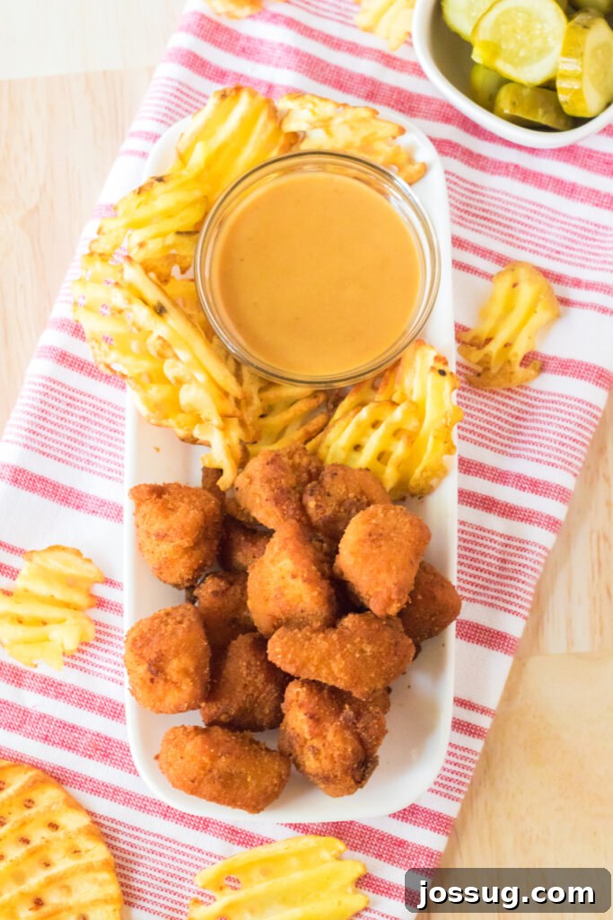 A serving of homemade Chick-fil-A nuggets on a white plate, accompanied by waffle fries and a small bowl of the dipping sauce.