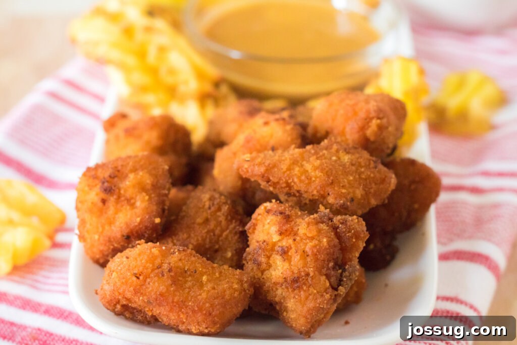 A close-up of golden-brown Chick-fil-A nuggets on a simple white plate, highlighting their crispy texture.