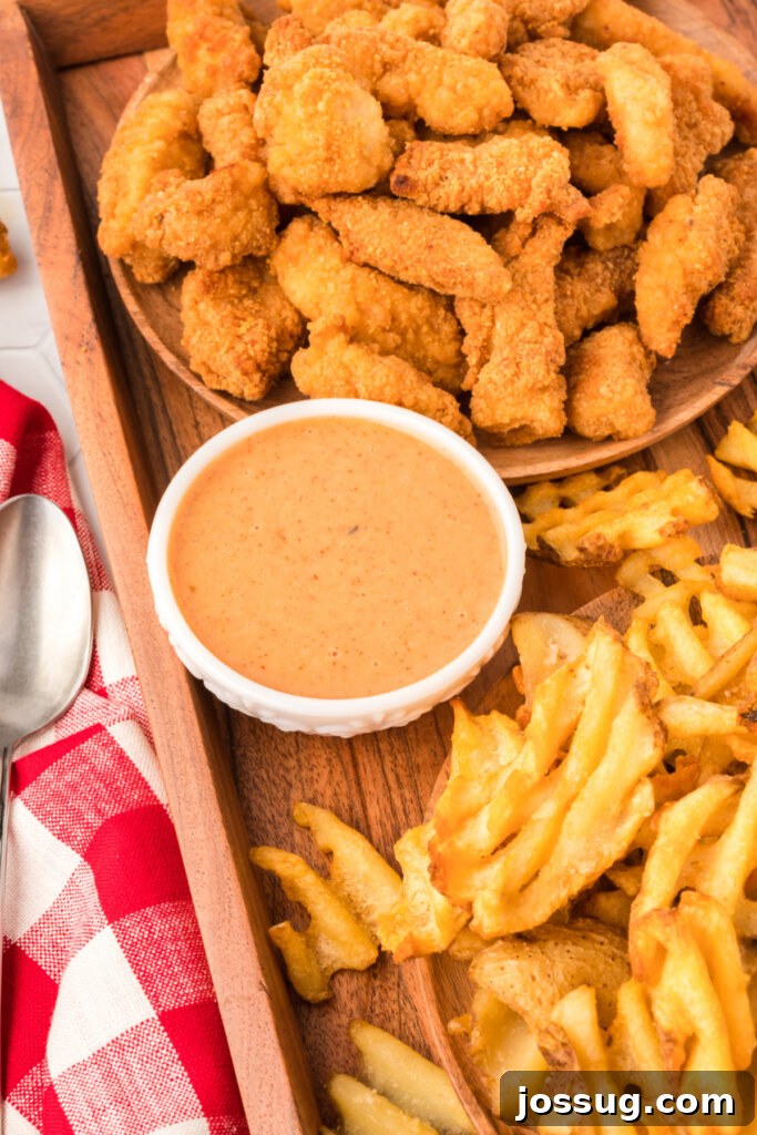 Make Your Own Chick-fil-A Honey Roasted BBQ Sauce 3 serving platter with chicken pieces, waffle fries, and honey roasted bbq sauce