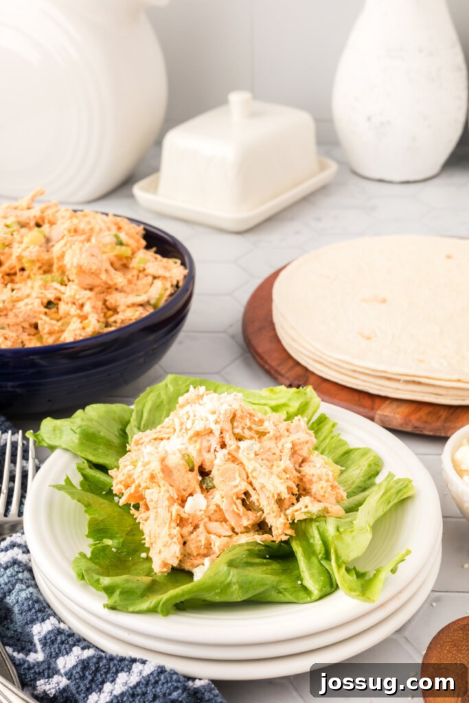 buffalo chicken salad on a bed of fresh lettuce leaves