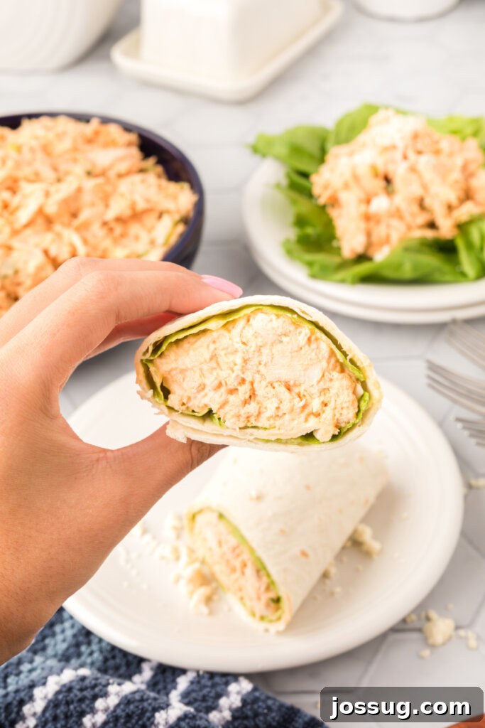buffalo chicken salad being placed into a tortilla wrap