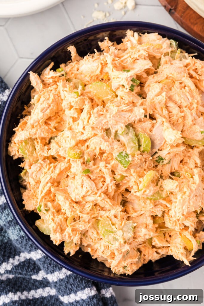 closeup of buffalo chicken salad in a serving bowl