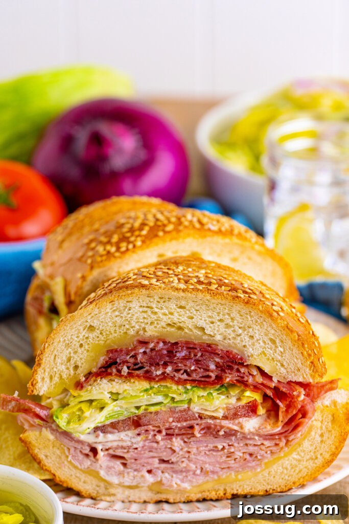 Stacked Italian Grinder Salad Subs on a plate, showcasing fresh ingredients and generous fillings.