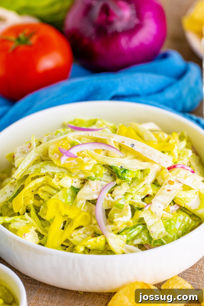 Close-up of the zesty grinder salad in a white bowl, featuring lettuce, red onion, and pepperoncini.