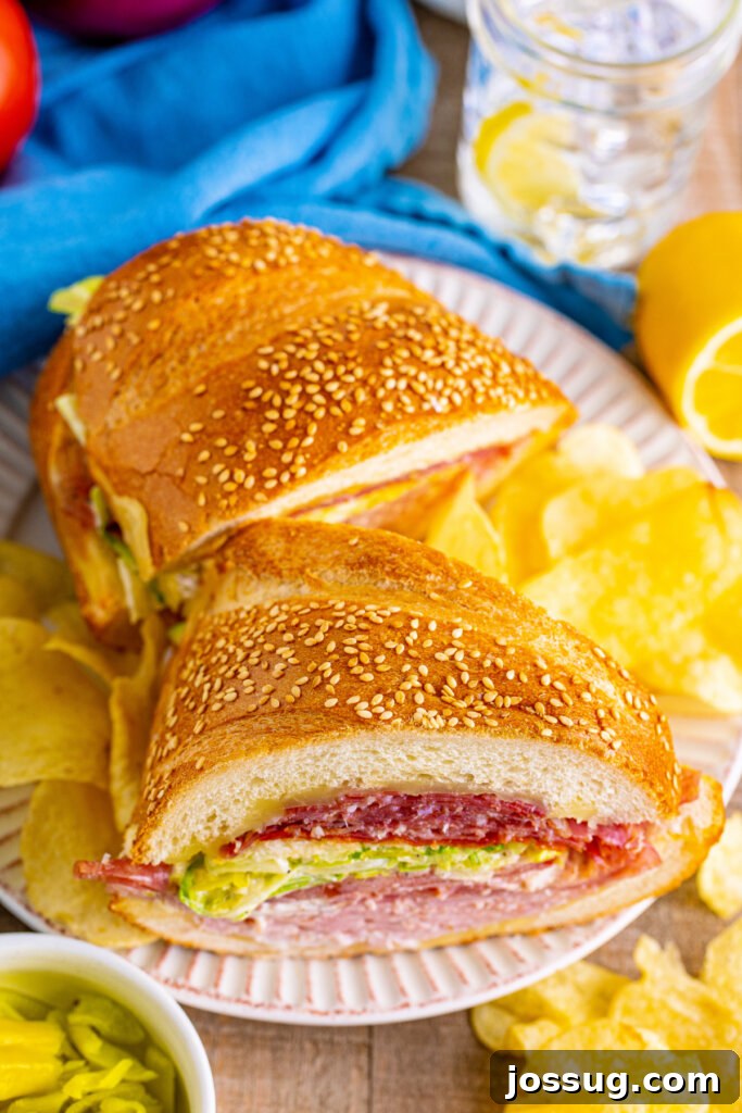 Platter of cut Grinder Salad Subs served with potato chips, ready for a meal.