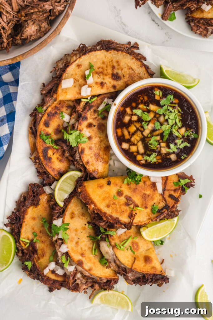 Platter with beautifully arranged birria tacos and a bowl of spicy consommé