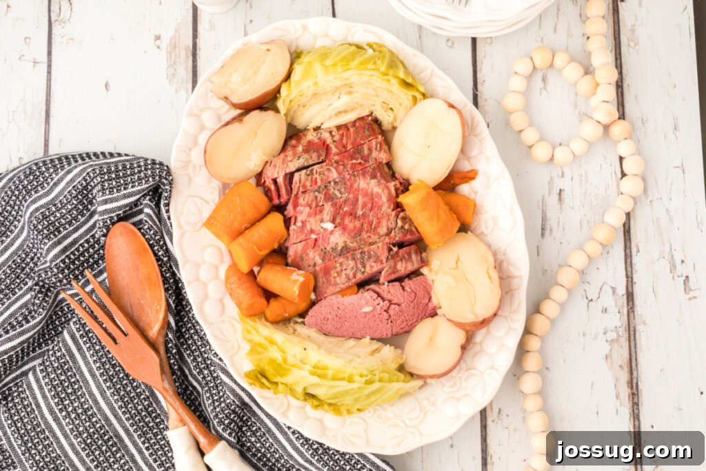 A large serving platter brimming with freshly cooked corned beef, tender cabbage wedges, whole red potatoes, and vibrant carrots, perfectly arranged for a family meal.
