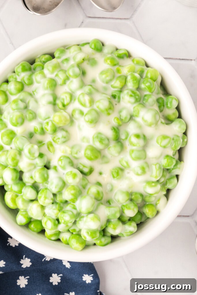 Velvet Peas 2 Closeup of creamy peas in a bowl, ready to serve