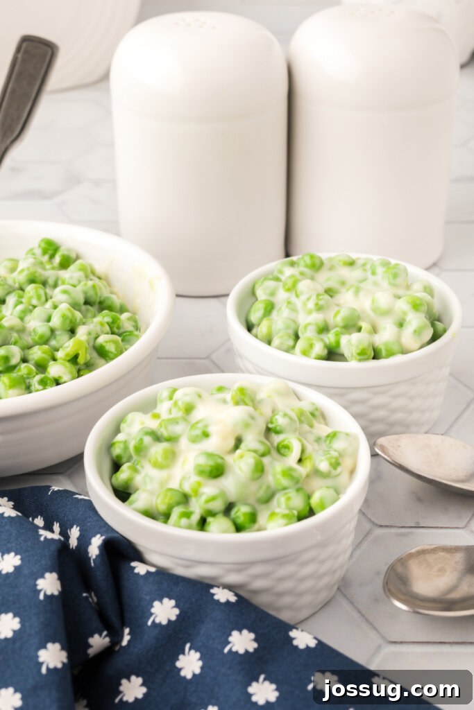 Velvet Peas 5 Individual bowls of creamed peas ready to be served for a family meal