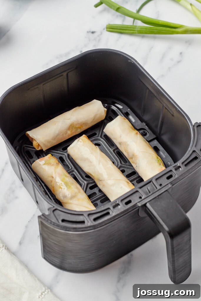 Uncooked vegetable spring rolls arranged in an air fryer basket