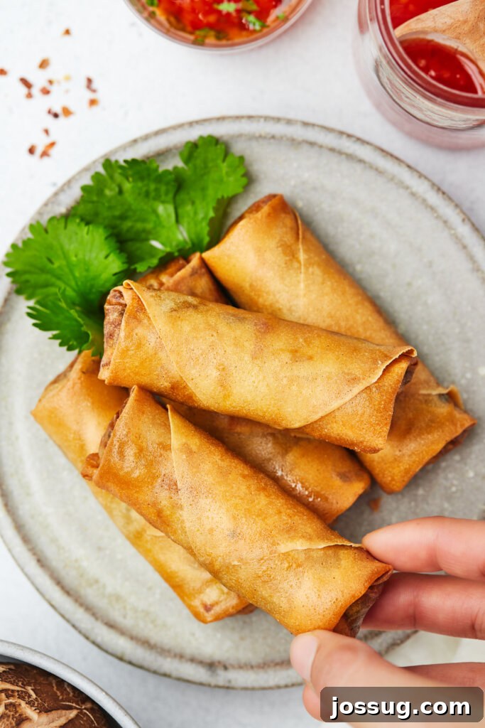 Hand reaching for a perfectly air-fried vegetable spring roll from a serving plate