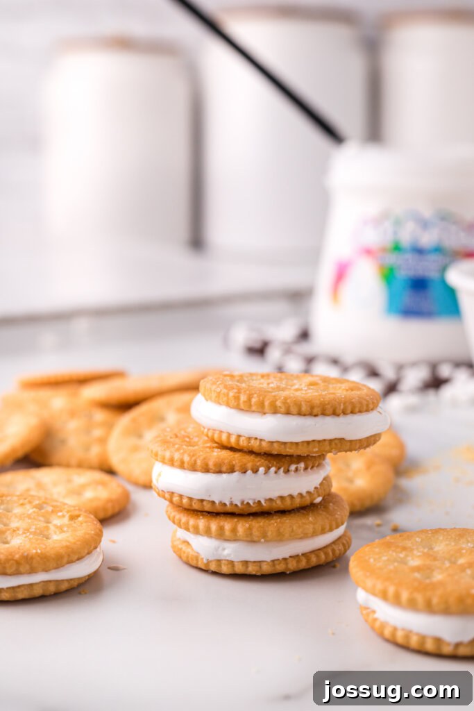Gooey Smores Cracker Bites 5 Two Ritz crackers sandwiched together with marshmallow cream.