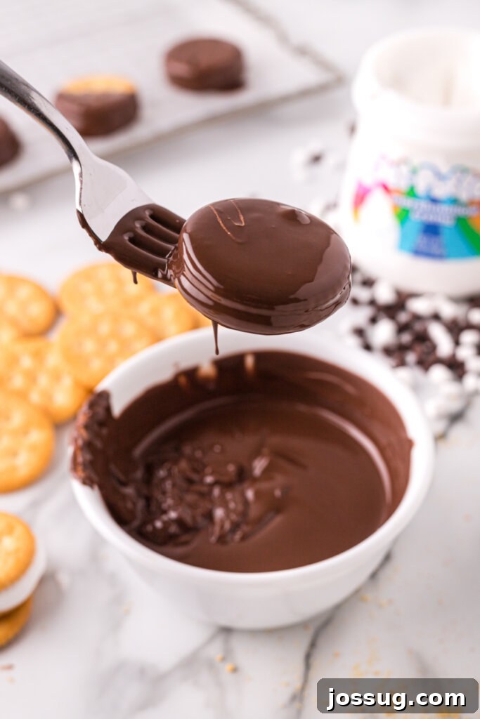 Gooey Smores Cracker Bites 6 Dipping a marshmallow-filled cracker sandwich into melted chocolate.