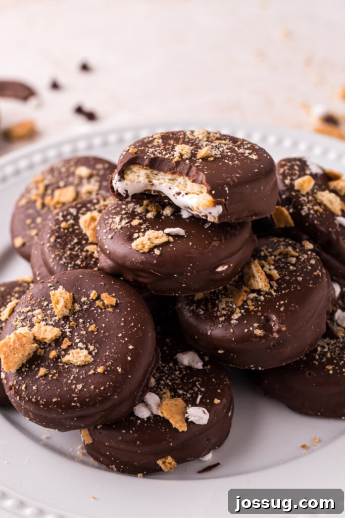 Gooey Smores Cracker Bites 8 Close-up of three freshly made S'mores Cracker Cookies with visible layers of marshmallow and chocolate.