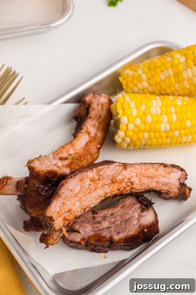 Mouthwatering Oven Ribs 5 pieces of oven baked ribs on serving tray with corn on the cob