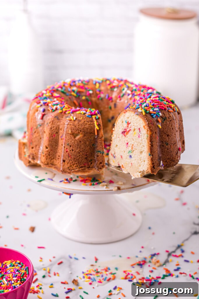Rainbow Sprinkle Pound Cake 2 A beautifully decorated Funfetti Pound Cake with a slice removed, resting on an elegant cake stand, showcasing its vibrant interior and glistening glaze.