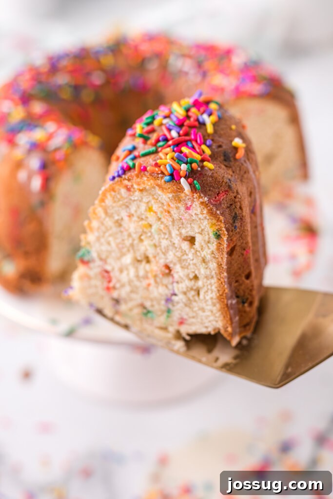Rainbow Sprinkle Pound Cake 4 A perfectly baked slice of Funfetti Pound Cake resting on a spatula, ready to be served, highlighting its soft texture and colorful sprinkle interior.