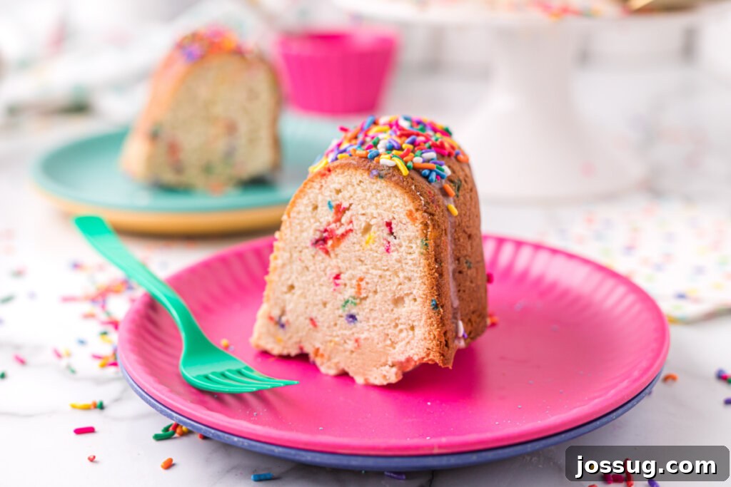 Rainbow Sprinkle Pound Cake 6 A delightful slice of Funfetti Pound Cake placed on a pink plate, showing off its colorful interior and perfect texture, ready to be enjoyed.